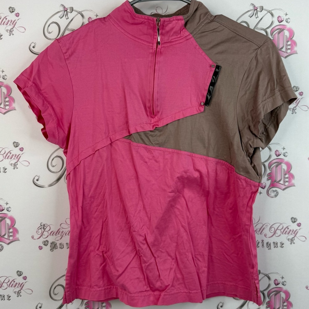 Jamie Sadock t-shirt Y2K groovy half zip dual Pink and Brown Short Sleeve Top